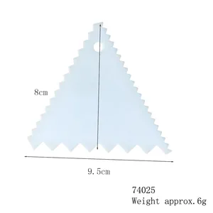 Triangular serrated cake scraper baking tool with 8cm height and 9.5cm width detail view