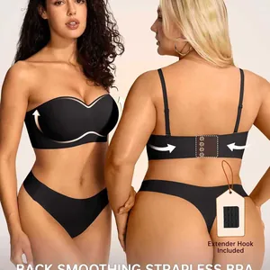 Black back smoothing strapless bra and matching panty set with extender hook included