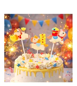 Close-up of cute cartoon pony cake toppers with golden ingots and money bags on a cake