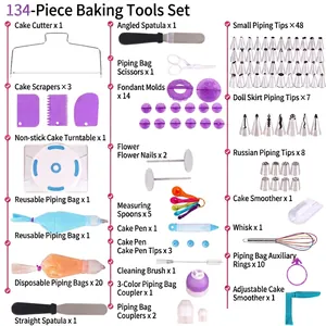 Detailed list of 134pcs baking tools including piping tips, turntable and spatulas