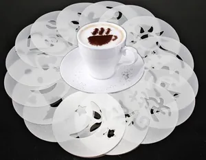 Detail view of 16-piece coffee latte art stencil set with various patterns
