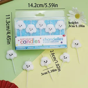 Set of 5 white poodle puppy birthday candles for cake decor with size labels