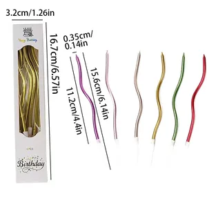 Pack of 6 colorful spiral twist birthday candles showing exact dimensions for cake toppers