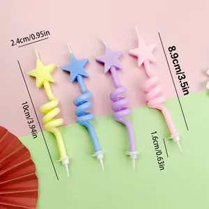 Detailed dimension view of 4 colorful star-shaped spiral birthday candles set