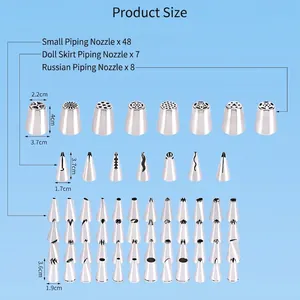 Dimensions for 134-piece cake piping tips set including Russian and ruffle nozzles
