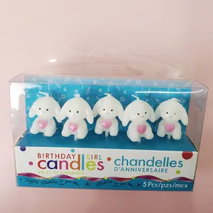 White long-eared bunny birthday candles with pink glitter hearts, set of 5 pieces