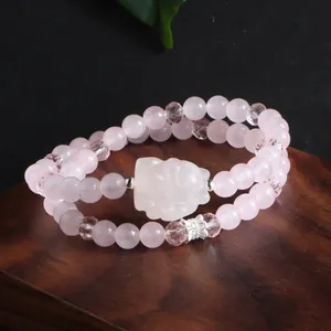 Bracelet double rang en quartz rose naturel exquis avec un délicat charme de renard sculpté