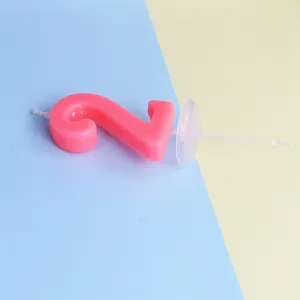Detailed macro shot of a pink number 2 birthday candle featuring an anti-drip tray