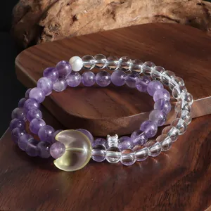 Bracelet double tour en améthyste et cristal avec pendentif lune et perle