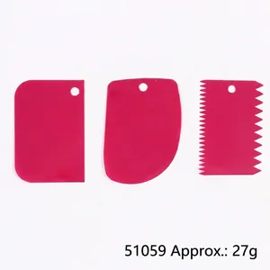 Detailed dimensions for pink 3-piece cake scraper set with smooth and jagged edges