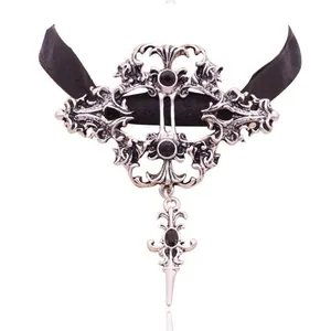 Vintage Gothic Silber Choker Halskette mit schwarzen Steinen für Halloween Kostüm