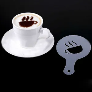 Detailed view of coffee cup pattern plastic latte art stencil with finished coffee cup
