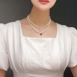 Koreanische Vintage Süßwasserperlen Halskette Für Damen Legierung Strass Anhänger Herz Wassertropfen Quadrat Form Choker Schlüsselbeinkette Schmuck