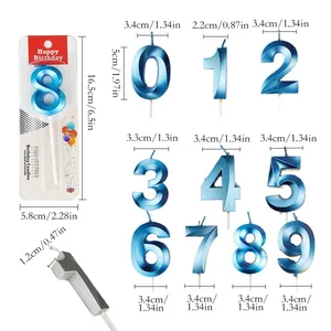 Dimensiones detalladas de velas de cumpleaños numéricas 0-9 en azul metalizado