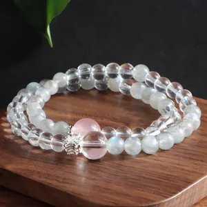 Macro view of double-strand grey moonstone and clear crystal beaded bracelet
