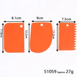 Detailed view of three orange plastic baking scrapers with specific dimensions and weight