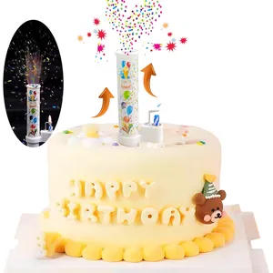 Creative automatic confetti sprayer cake candle for surprise birthday party celebrations.
