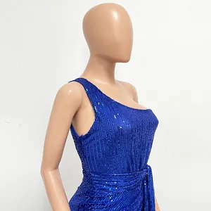 Elegant royal blue one-shoulder dress with sparkling sequins and pleat details