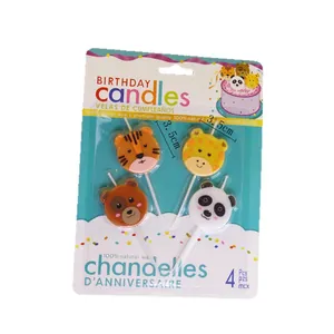 Detailed view of a 4-pack of cute cartoon animal birthday candles with size markers