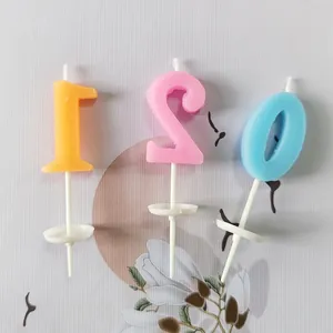 Detailed view of colorful number 1, 2, 0 birthday candles with protective drip trays