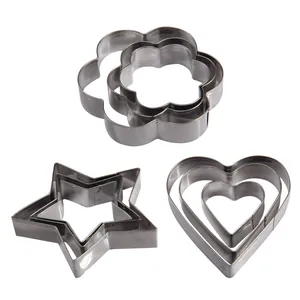 Set of 9 stainless steel cookie cutters in star, heart, and flower shapes for baking