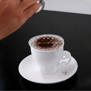 Detail showing a coffee stencil being used to create a heart pattern with cocoa powder.