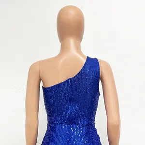 Detail back view of a royal blue one-shoulder sequin evening dress on mannequin