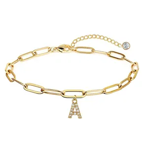Pulsera de eslabones de acero inoxidable dorado con colgante de letra A y circonitas