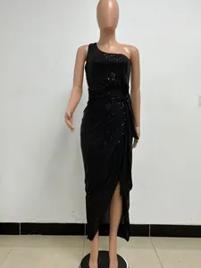 Full body view of black one-shoulder sequin dress on mannequin showing pleated waist