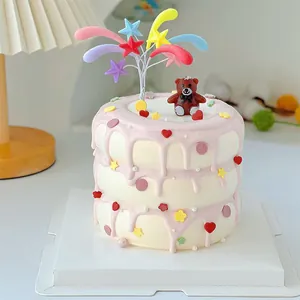 Colorful star firework tree and cute bear cake topper for birthday party decoration
