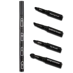Professional 4-in-1 black makeup brush set with eyebrow, lip, and sponge eyeshadow tools