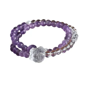 Bracelet double couche en améthyste et cristal blanc avec breloque lion de style chinois