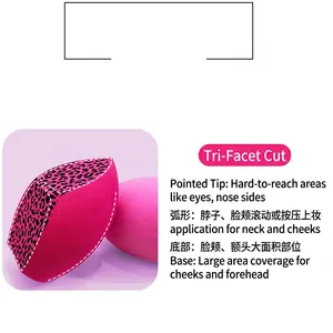 Detail view of the leopard print makeup sponge showing the three functional surfaces.
