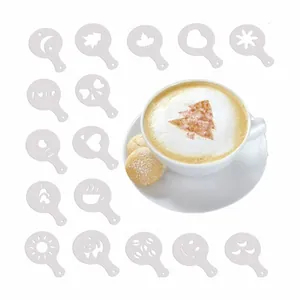 Set of 16 plastic coffee latte art stencils with various decorative patterns