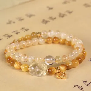 Double Strand Natural Yellow Tiger Eye Bracelet For Women Yellow Crystal Pixiu Charm Beaded Bracelet Niche Jewelry Accessories