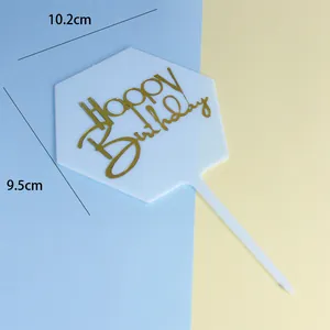 Decoración para tarta Happy Birthday hexagonal de acrílico blanco y dorado con medidas