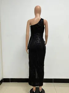 Detailed rear view of an elegant black one-shoulder sequin maxi dress for evening parties