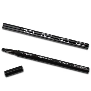 Detail view showing the black 4-in-1 multi-functional makeup brush with labeled segments