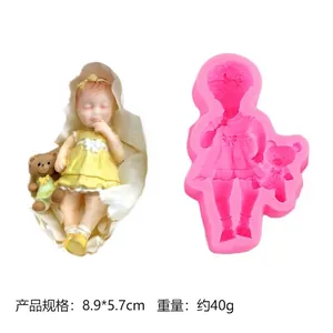 3D baby girl with teddy bear silicone mold for DIY soap, candle, and resin crafts.