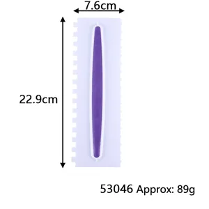 Detailed dimension view of white and purple serrated cake scraper baking tool.