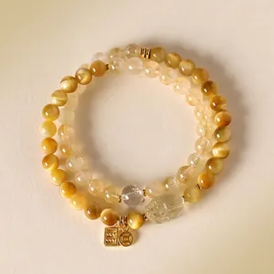 Elegant double-layer yellow tiger eye and citrine beaded bracelet with Pixiu charm
