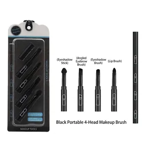 Portable 4-In-1 Makeup Brush Set Detachable Eyeshadow Lip Eyebrow Brush Black Synthetic Fiber Plastic Handle Beauty Makeup Tool
