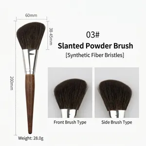 Detailed view of slanted powder brush with dimensions and front side head close-ups