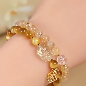 Double-strand tiger eye and yellow crystal bracelet with pixiu and abacus charms