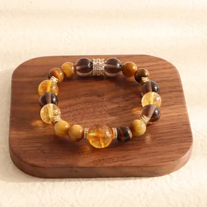 Natural Yellow Tower Crystal Tiger Eye Beaded Bracelet For Women Fashion Alloy Rhinestone Spacers Ethnic Style Handmade Jewelry Gift