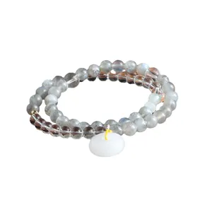 Double-strand natural stone bracelet with grey moonstone and white crystal pendant
