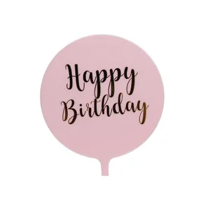Elegante adorno redondo rosa para tarta de acrílico con letras Happy Birthday doradas