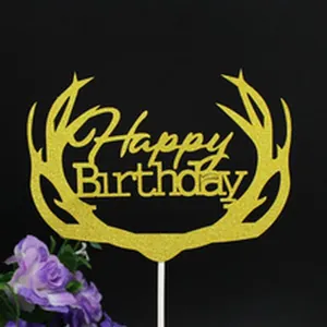 Decoración para tarta Happy Birthday de purpurina dorada con diseño de astas de ciervo