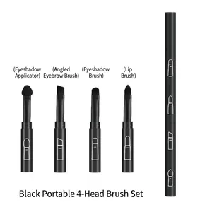 4-in-1 portable black eye makeup brush set with eyeshadow, eyebrow and lip brushes