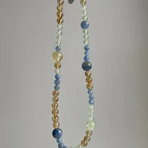 Handmade natural crystal beaded necklace with blue kyanite and citrine round beads